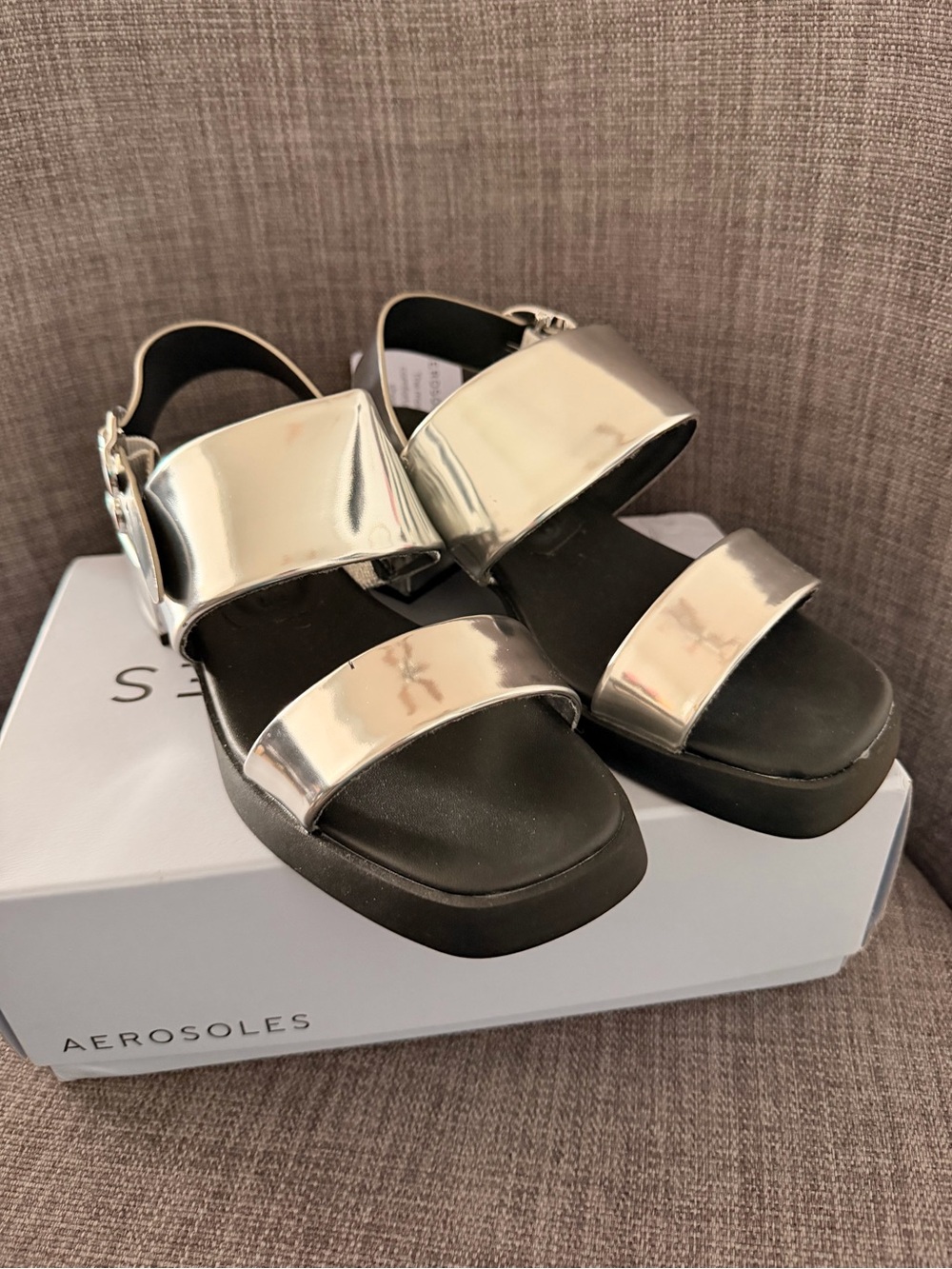 AEROSOLES Dove Silver Mirror Metallic Heeled Sandals